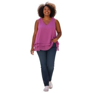 Lauren Ralph Lauren Sleeveless Blouse XL Purple Layered Hem V Neck Top‎